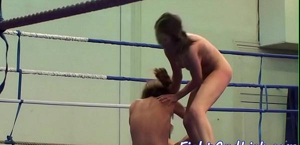  Busty lezzies wrestling in a boxing ring